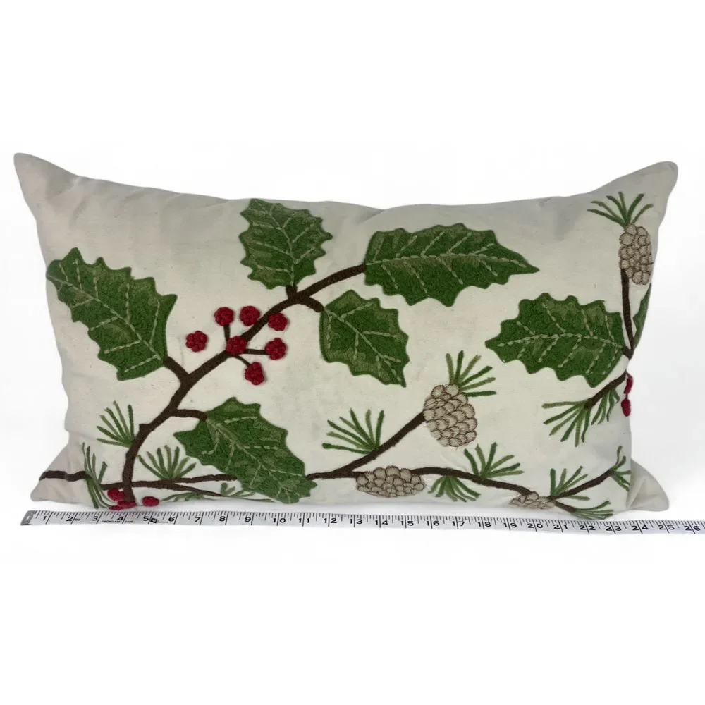 Pottery Barn Pillow Crewel Embroidered Holly Berries Pine Cones Lumbar 16x26